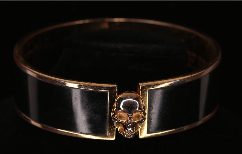Alexander McQueen Gold Tone Black Enamel Iconic Skull Bangle Bracelet